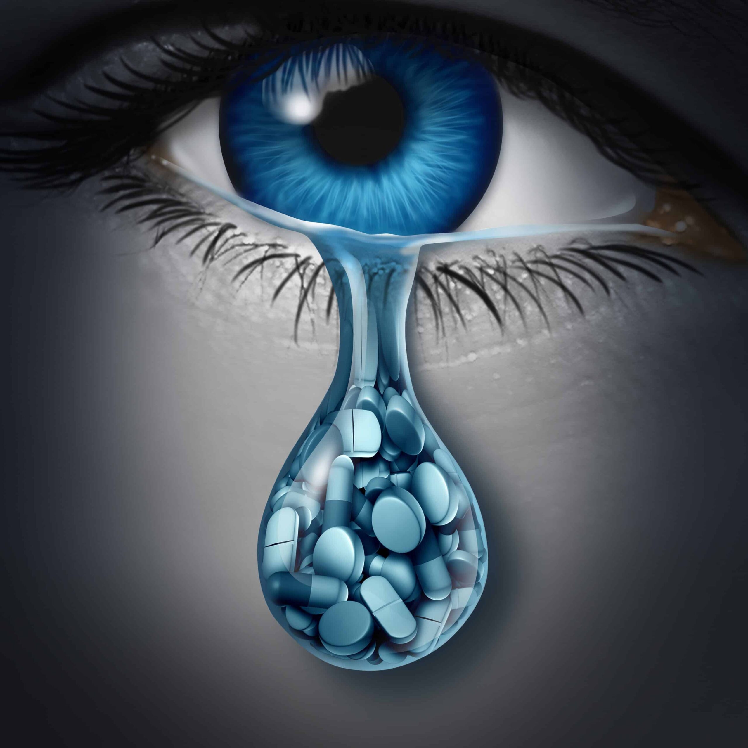 Woman eye with tear drop filled with opioids