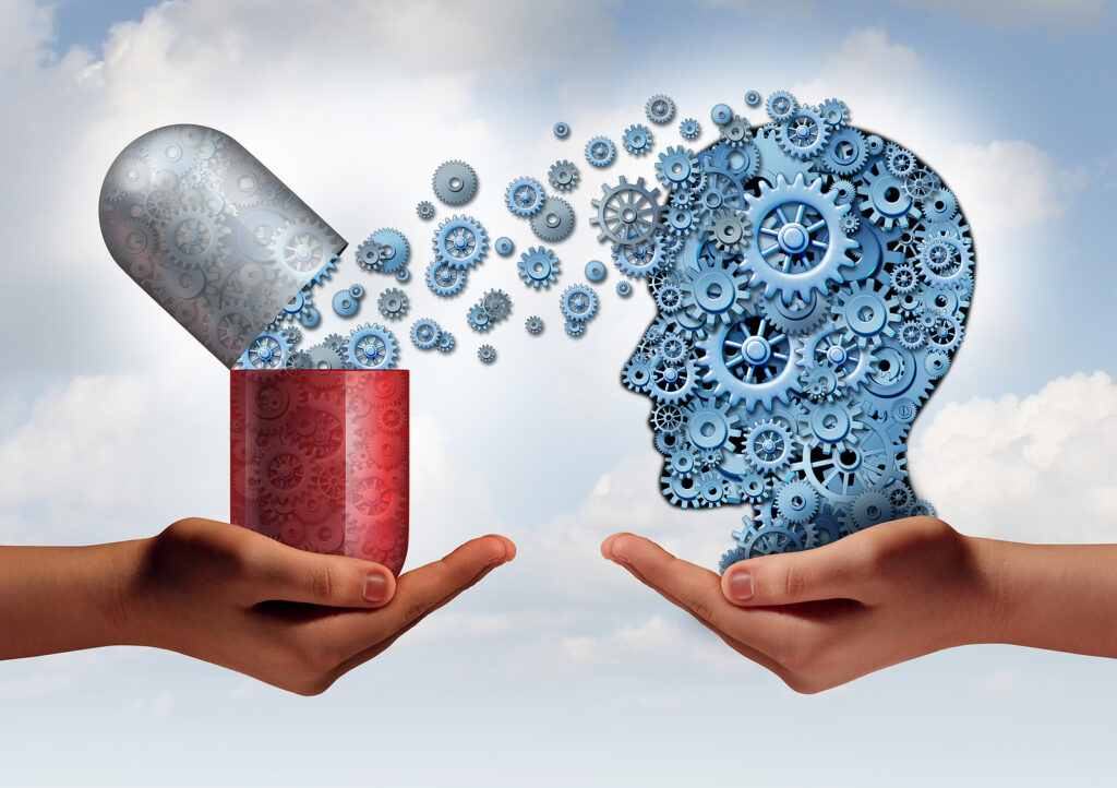 A visual metaphor showing a pill entering a stylized brain, symbolizing the process of cognitive restructuring and neural rewiring during addiction recovery.
