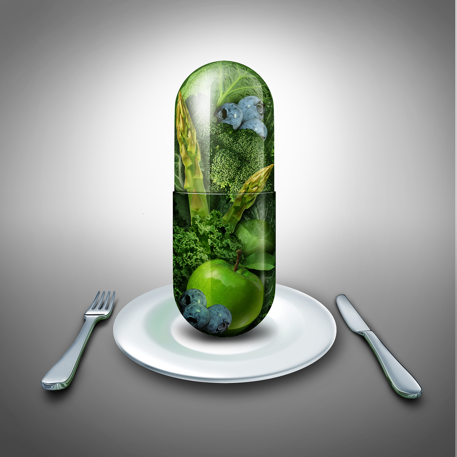 a giant pill or medicine capsule with fresh fruit and vegetables inside to represent the importance of good nutrition and pain.