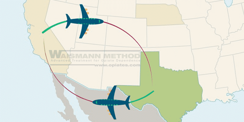 Map of texas and california with planes flying in between for waismann method texas detox