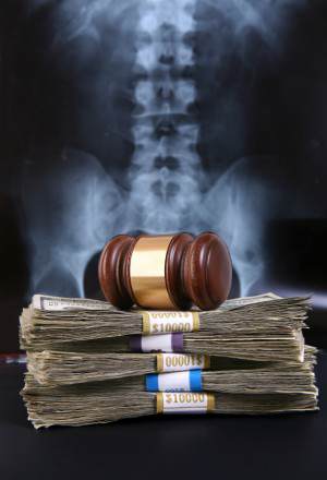 Stacked money with gavel on top and xray of spine behind