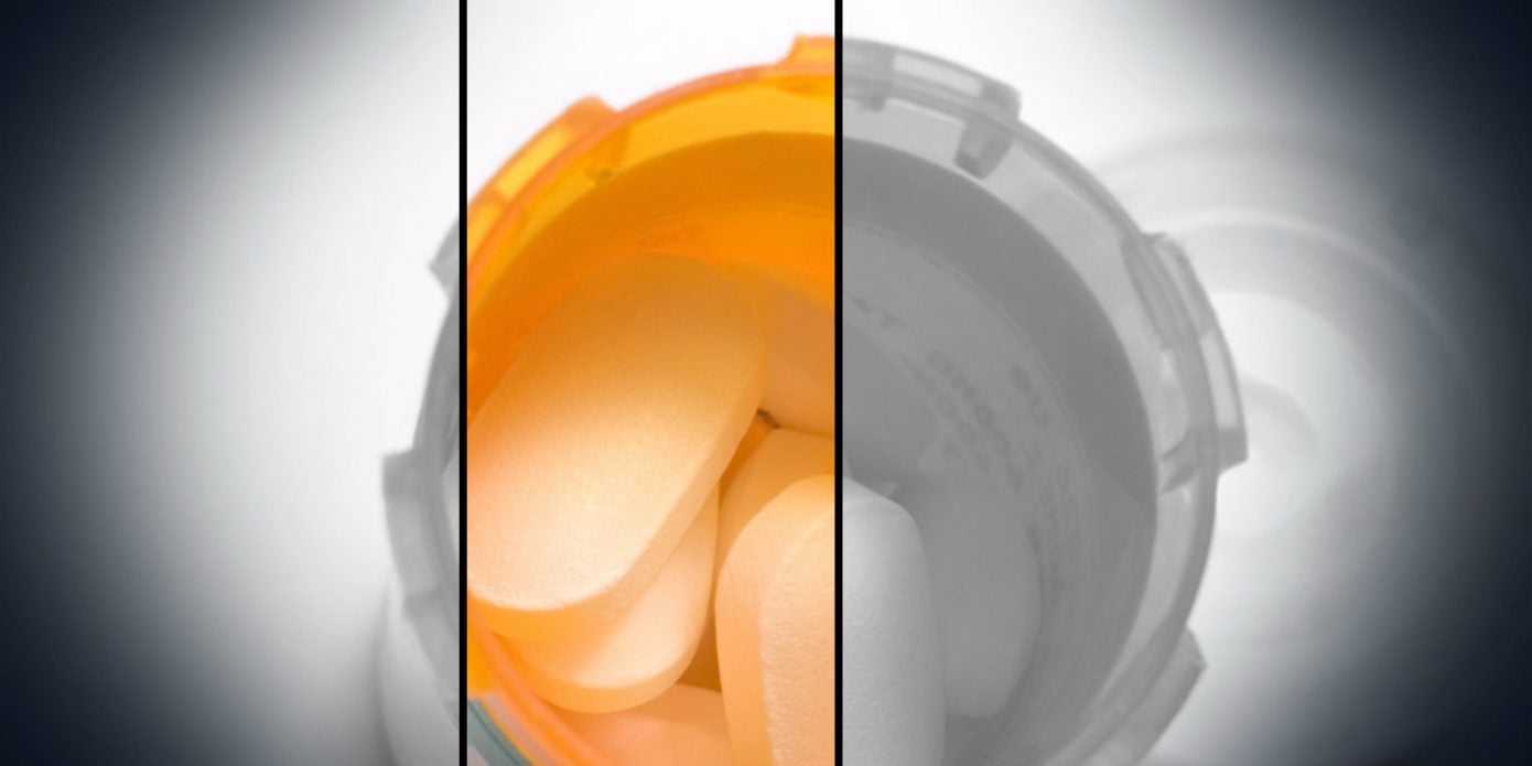 Filtered image top view of open pill bottle with white pills inside. illustrating prescription drug overdose