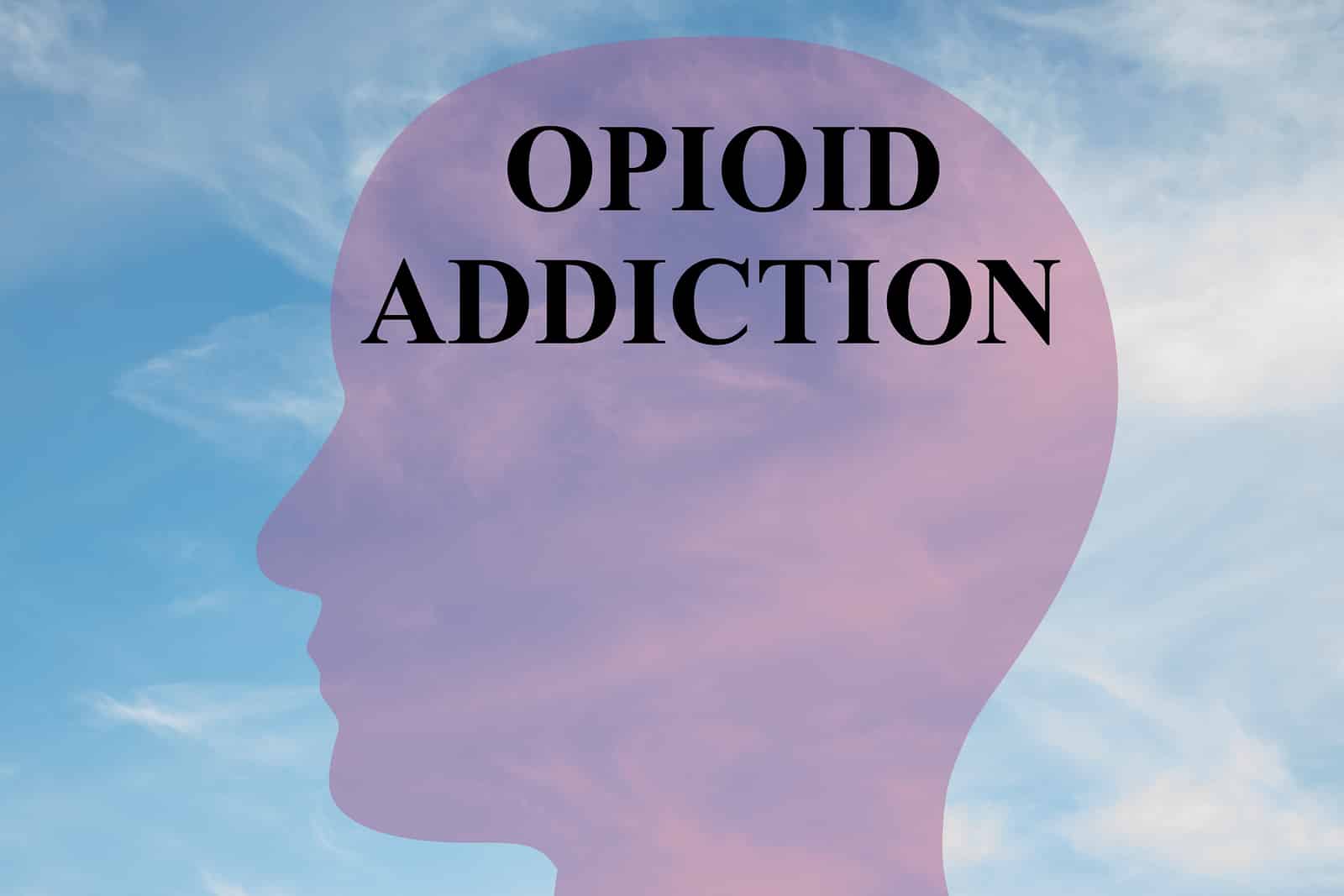 Render illustration of "OPIOID ADDICTION" script on head silhouette with cloudy sky as a background.