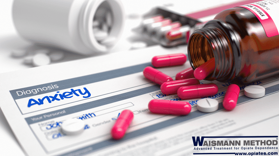 pink and white pills on paper with anxiety written and a waismann method logo. Illustration for anxiety can lead to drug addiction
