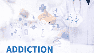 A heroin addiction treatment image with nurses and the word addiction featured. 
