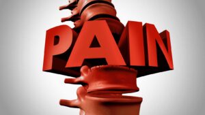 Illustration of a human vertebrae with the word 'pain' written on it, symbolizing chronic pain and reliance on opioid painkillers.