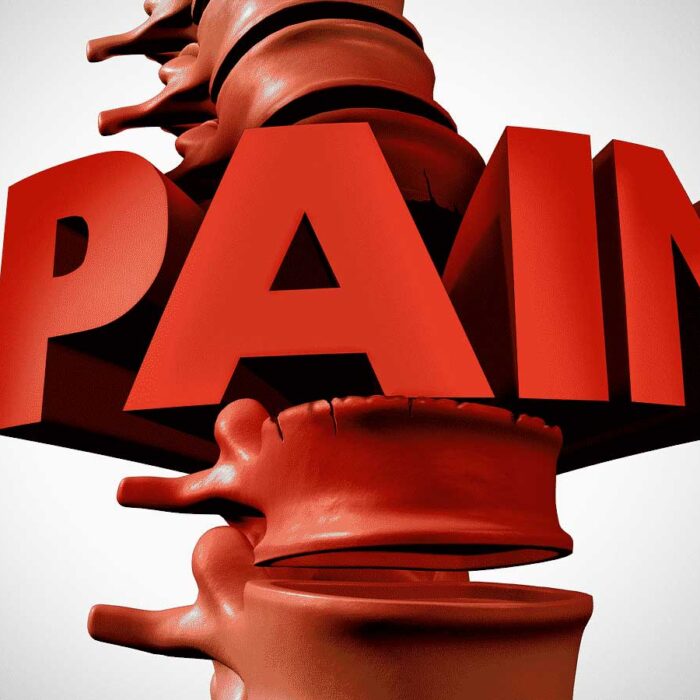 Illustration of a human vertebrae with the word 'pain' written on it, symbolizing chronic pain and reliance on opioid painkillers.