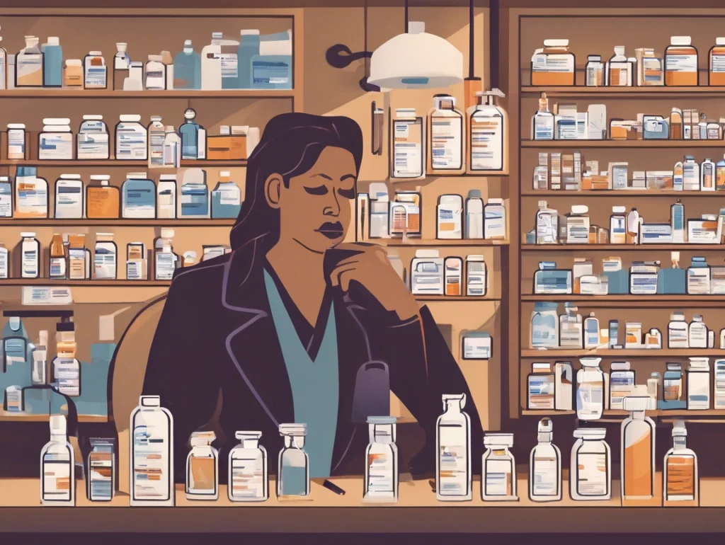 Pharmacist reviewing all prescription drugs in a pharmacy for compliance with 2025 opioid prescription regulations