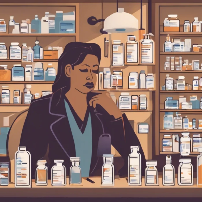 Pharmacist reviewing all prescription drugs in a pharmacy for compliance with 2025 opioid prescription regulations