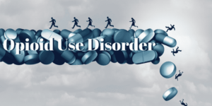 Image depicting a bridge made of prescription opioids breaking apart, with people tumbling down. The phrase 'Opioid Use Disorder' spans the bridge.