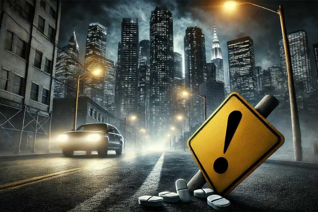 Dark city skyline at night with towering buildings and a cracked caution sign leaning on a dimly lit street, symbolizing the danger and urgency of risky behaviors of mixing opioids and cocaine.