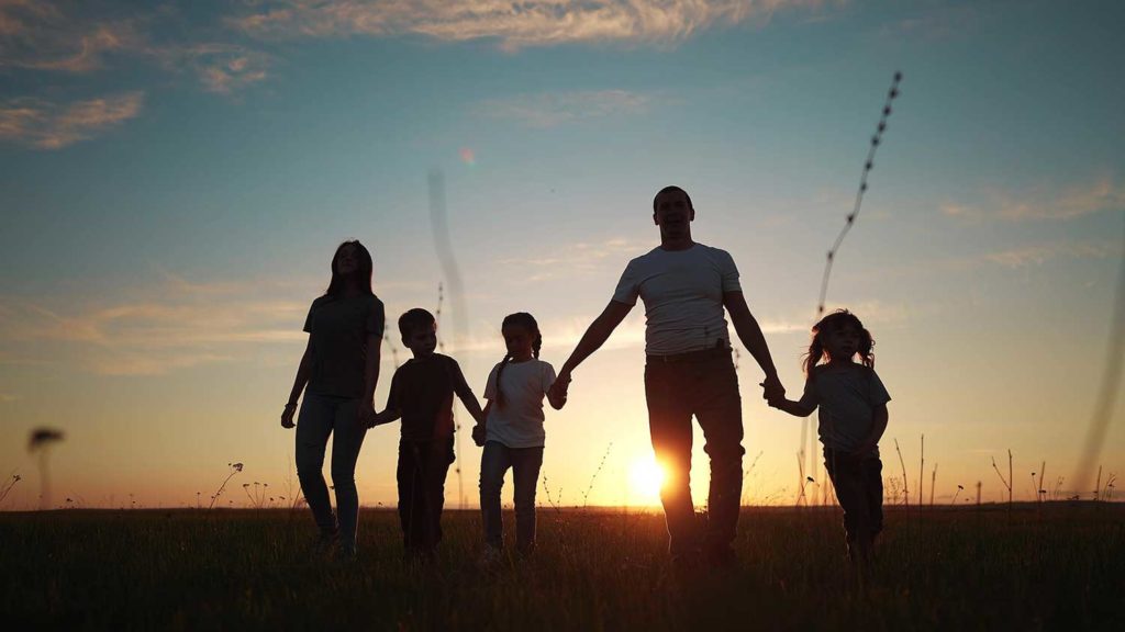 Family holding hands a walking the dog at sunset in the park silhouette