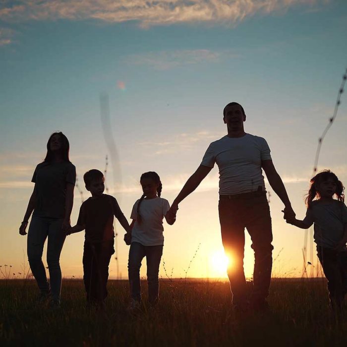 Family holding hands a walking the dog at sunset in the park silhouette