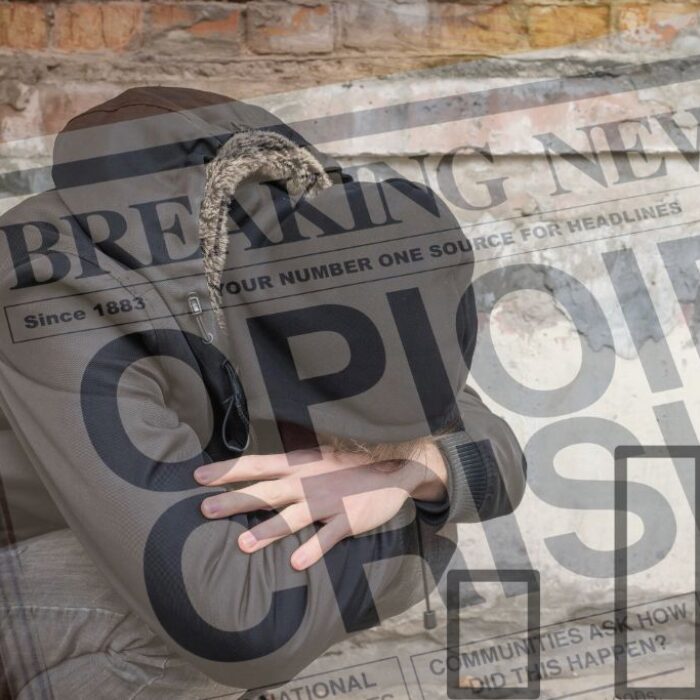 Concept of opiate addiction statistics: photo of a man experiencing a drug addiction crisis after prolonged drug use with a photo overlay of a newspaper headline opioid crisis