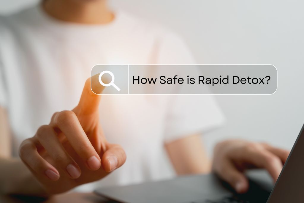 Concept of Rapid Detox Safety: a close-up of a male pointing to a search bar for online research on how safe is rapid detox