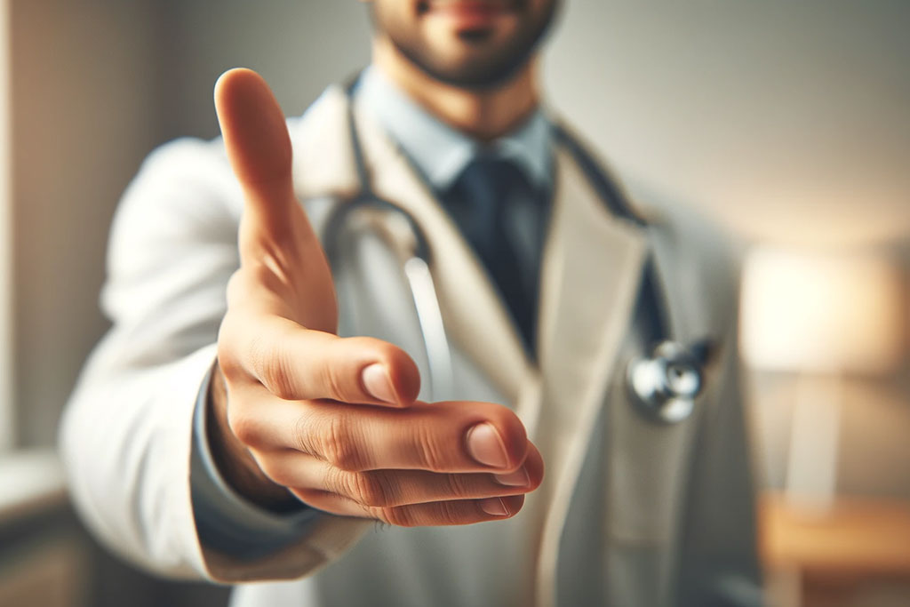 A vector image of a doctor with his hand stretched out for a hand shake. Concept of opioid treatment options.