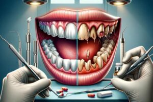 The illustration provides a visual comparison between healthy dental practices and the adverse effects of opioid use on dental health.