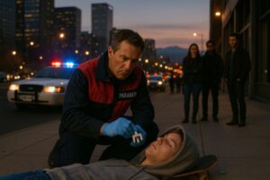 Paramedic in red and navy uniform administers Narcan to an unconscious teen on a Denver sidewalk at dusk, with police lights flashing and concerned bystanders watching in the background. Concept of fentanyl crisis in Colorado.