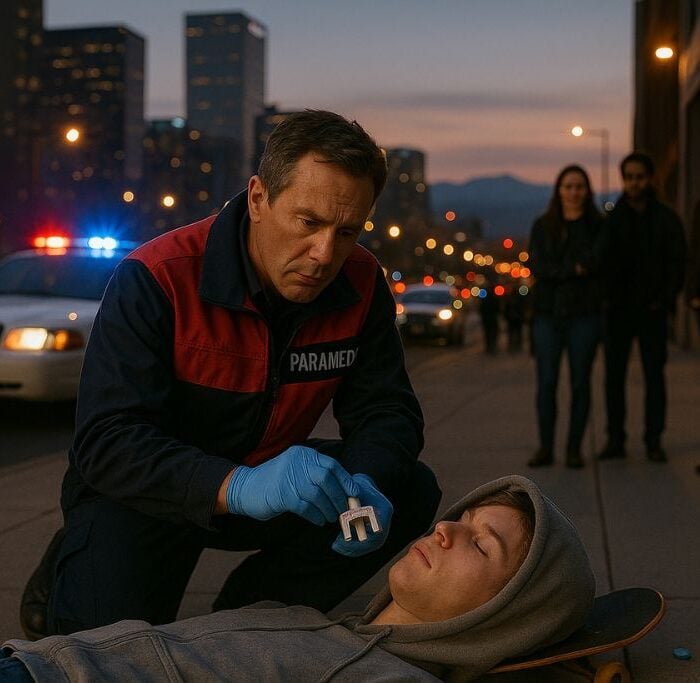 Paramedic in red and navy uniform administers Narcan to an unconscious teen on a Denver sidewalk at dusk, with police lights flashing and concerned bystanders watching in the background. Concept of fentanyl crisis in Colorado.