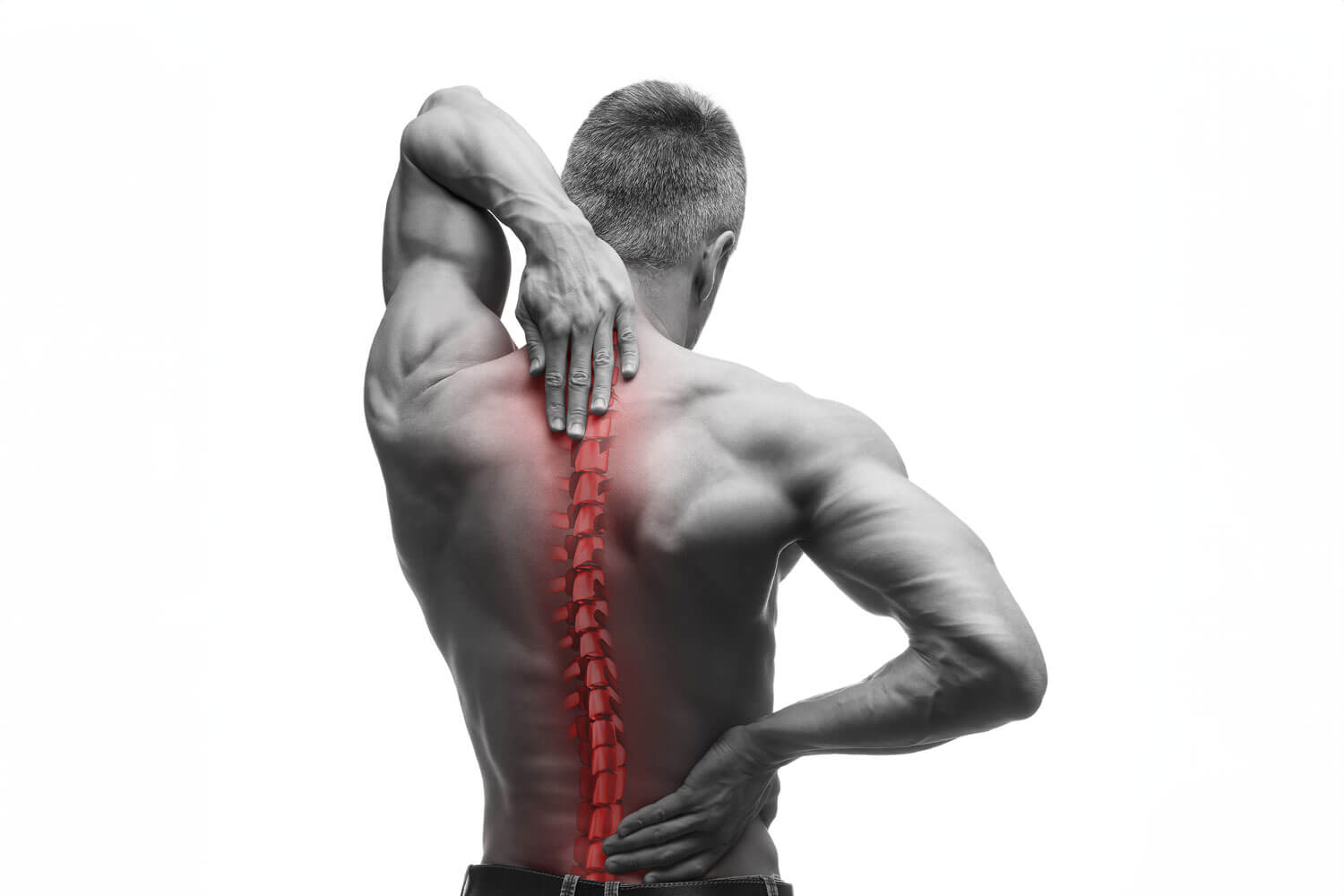 Muscular man with back turned, holding his neck and lower back in pain, with red-highlighted spine illustrating pain from failed back surgery.
