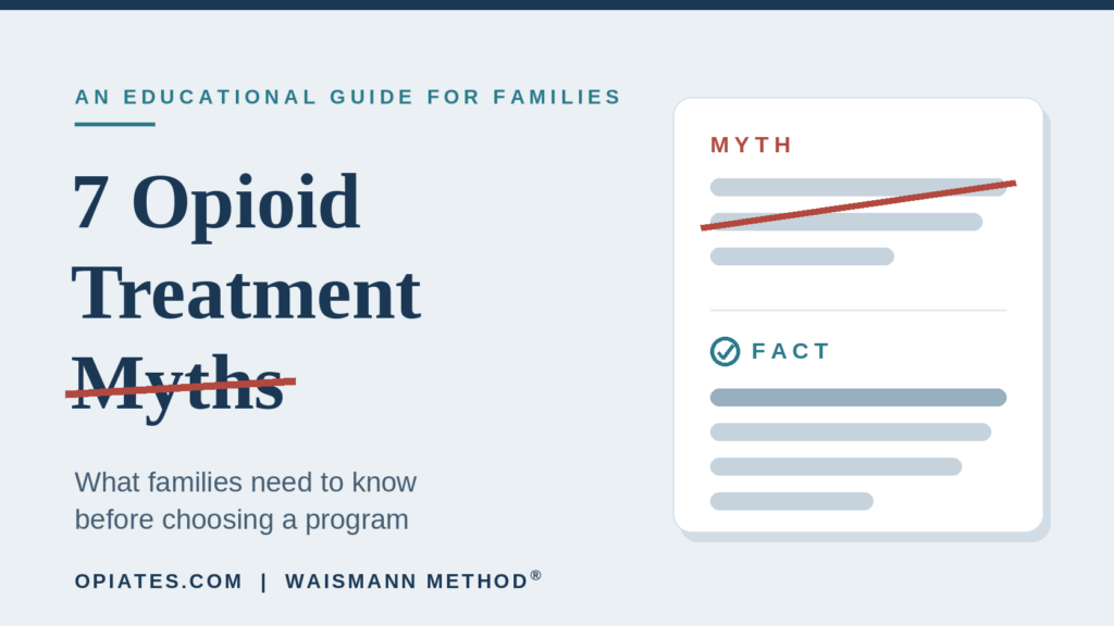 Illustration of opioid treatment myths versus facts for families choosing a treatment program.